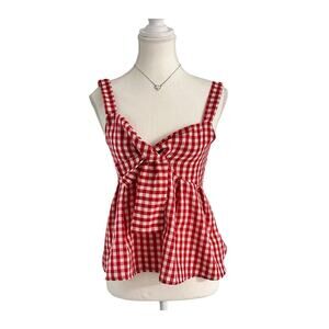 Gingham Patterned Tie Front Baby Doll Top Size Small